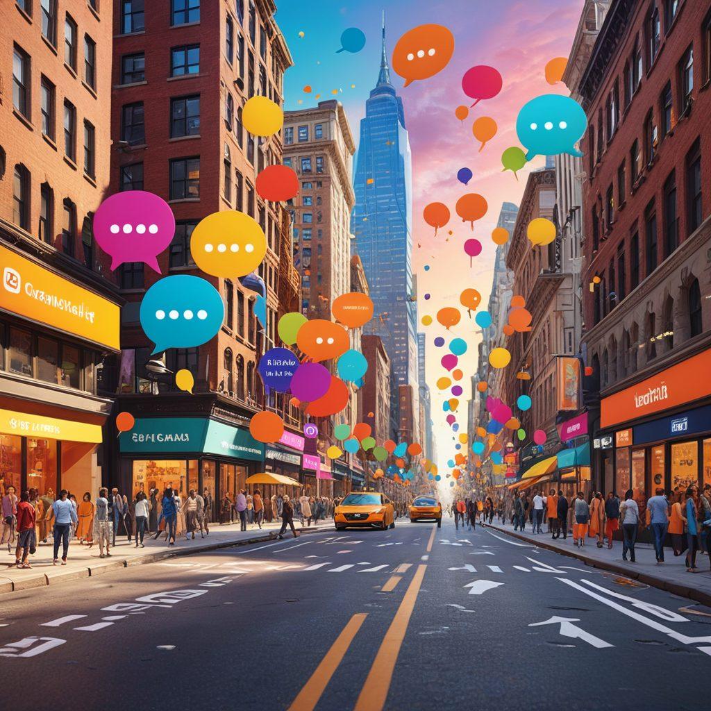 A bustling city street filled with diverse people engaged in conversation, with vibrant speech bubbles containing trending topics and hashtags floating around. Include a background of popular landmarks and social media icons subtly integrated into the architecture. The atmosphere should be lively and colorful, reflecting the excitement of sharing news and ideas. super-realistic. vibrant colors. 3D.