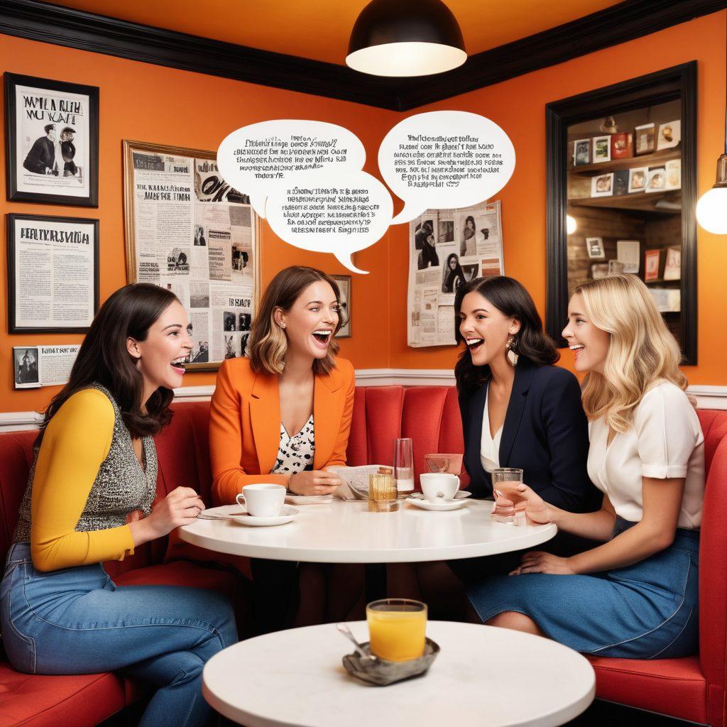 A stylish, modern café scene where a group of fashionable friends are animatedly sharing secrets and laughter, surrounded by playful newspaper clippings and gossip magazines floating in the air. A vibrant, lively atmosphere capturing the essence of juicy rumors and scandals, with whimsical speech bubbles showcasing tantalizing snippets of gossip. super-realistic. vibrant colors. cozy interior.